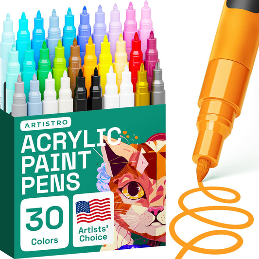 ARTISTRO Acrylic Paint Pens With Storage Bag for Calligraphy - Markers With Brush and Fine Precision Tips - Multisurface Painting for Fabric, Rock, Glass, and More (30 Markers, Extra Fine Tip)