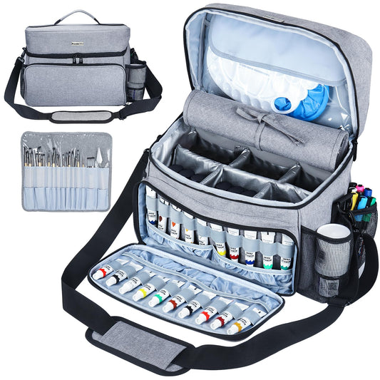 Acrylic Paint and Brush Set Organizer Bag - Carrying Case Compatible with Apple Barrel, Shuttle Art, Caliart Art Supplies - Includes Detachable Paint Brush Holder - for Travel/Outdoor Sketching (Gray)