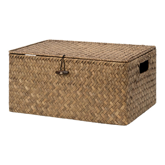 StorageWorks Wicker Baskets with Lid for Organizing, Seagrass Storage Baskets for Shelves, Decorative Box with Built-in Handles, Brown, Large, 1 Pack
