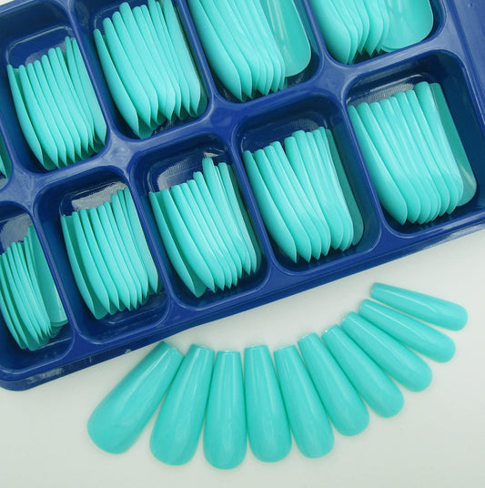 100pc Colored Long Coffin False Nails Press on Artificial Acrylic Tips Ballerina Shape Fake Nails Manicure Fingernail DIY Decor for Women Girls (Turquoise)