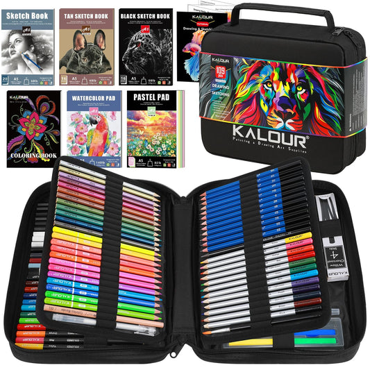 109 Drawing Set Sketching Kit, Pro Art Supplies with Fluorescent, Colored, Watercolor, Metallic, Graphite, Charcoal Pencils, 5 Sketchbook and Coloring Book, for Artists Adults Teens Beginner