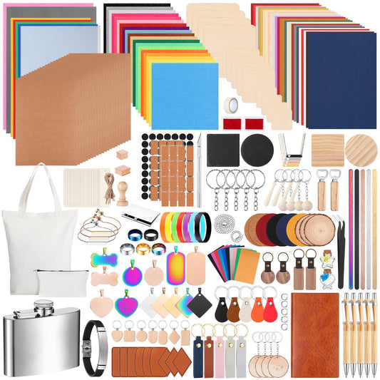 Tondiamo 356 Pcs Bulk Laser Engraving Supplies Blank Material Kit DIY Engraver Accessories Including Acrylic Glass Stainless Steel Wood Fabric PU Leather Rock Rubber Materials for Laser Cutters