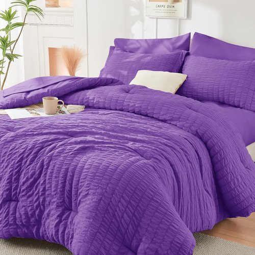 HYMOKEGE Twin Comforter Set - Bright Purple Seersucker 5-Piece Luxury Bedding Set | All-Season Comforter, Sheets & Pillowcase