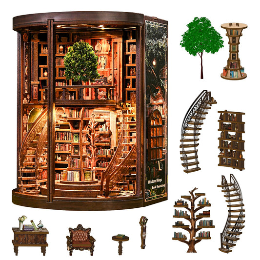 Kaayeewood Book Nook Kit, 3D Wooden Puzzles for Adults, DIY Miniature House Kit for Adults, Booknook with LED Light, Gifts for Family, Friends and Book Lovers, Bookshelf Decor(Wisdom Rings)