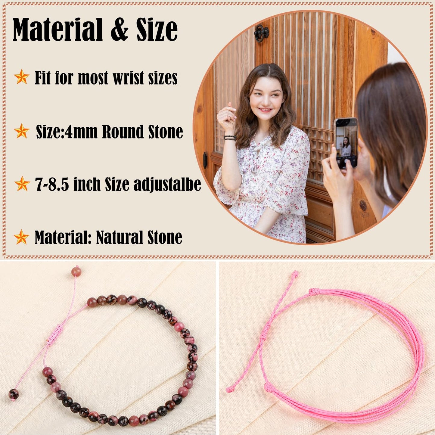 LPBeads 4mm Pink Black Rhodonite Bracelet with Handmade Rope Bracelet Size Adjustable Natural Stone Crystal Healing Bracelets Gifts for Unisex Adults