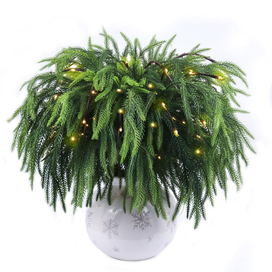 MGupzao 12 Pcs Christmas Norfolk Pine Branches with LED Glow - 27" Realistic Artificial Pine Stems for Wreaths, Garland, Vases & DIY Christmas Indoor Outdoor Home Decor