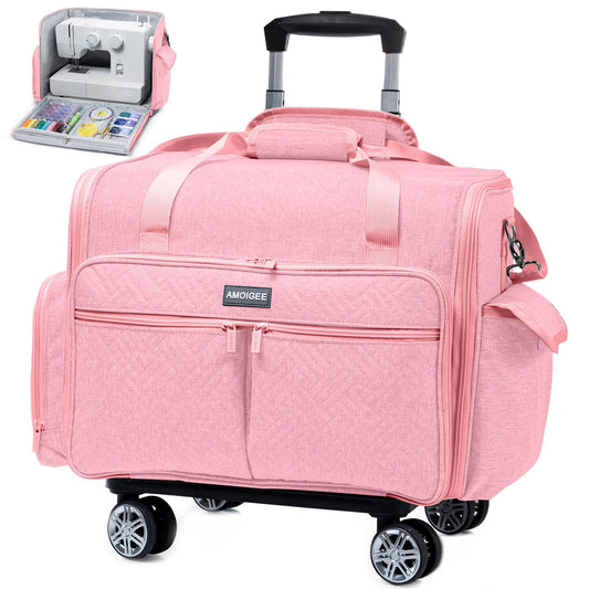 AMOIGEE Full-Open Sewing Machine Case with Wheels, Large Rolling Sewing Machine Bag with Detachable Foldable Dolly, Heavy-Duty Embroidery Tote for Brother Singer Janome Standard Machines Storage