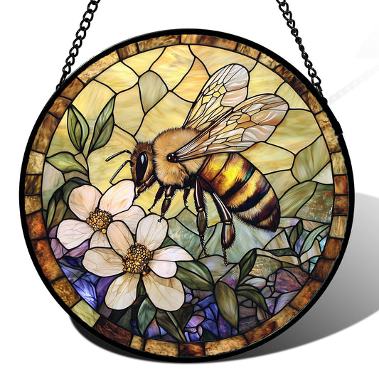 AMDERVEN Stained Glass Window Hanging, Vintage Bee Yellow Flower Sun Catcher for Window Door Home Decor Suncatcher Christmas Mother's Day Birthday Gifts for Women Men Mom and Nana 6.3 in
