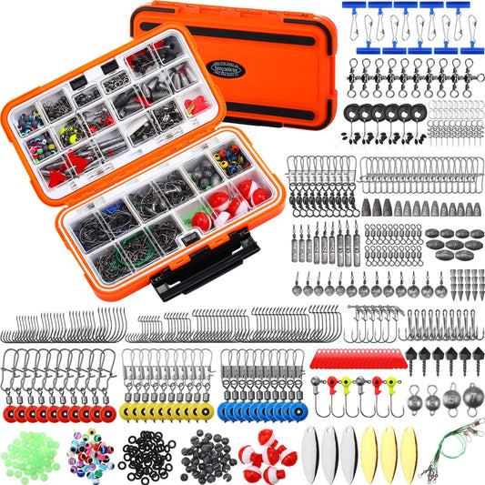 RoundFunny 602 Pcs Fishing Tackle Accessories Kit, Organized Fishing Tackles Box with Tackle Included, Fish Hooks, Weights Sinkers, Swivels, Beads Gear and Equipment Set, Fishings Gift for Men