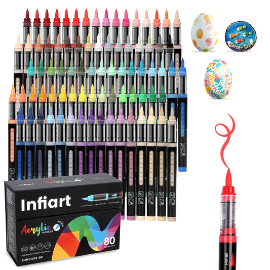 Infiart 80 Colors Acrylic Paint Markers Brush Tip, Automatic Ink Control Acrylic Paint Pens Waterproof Acrylic Markers Set for Holiday Decorations, Stone, Wood, Glass, DIY & Art Supplies