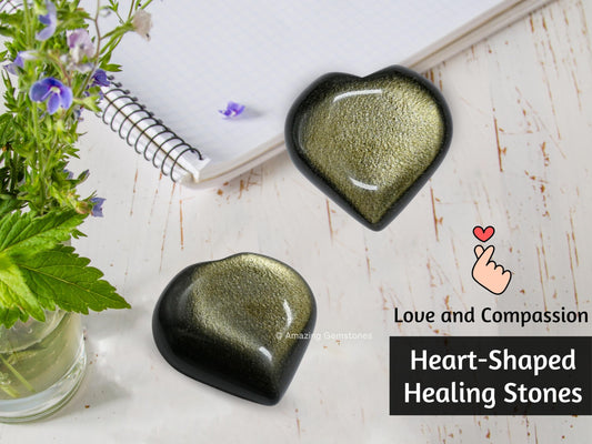 Amazing Gemstone Golden Sheen Obsidian Crystal Heart Palm Stone - Pocket Massage Worry Stone for Natural Body Chakra Balancing, Reiki Healing and Crystal Grid