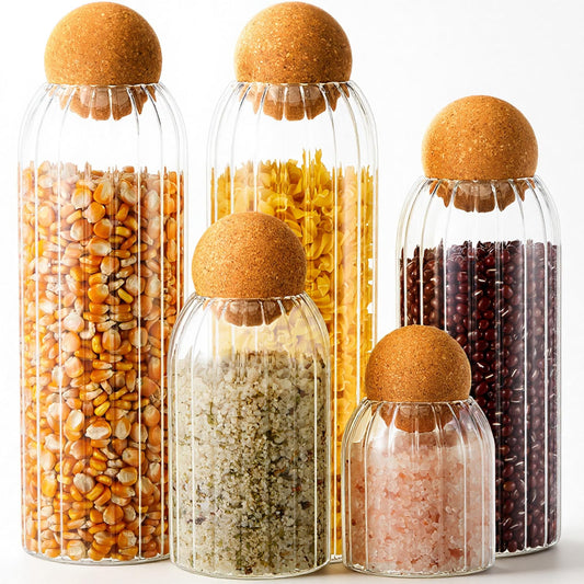 Suclain 5 Pack Glass Jar Set with Spherical Cork Ball 4 Sizes Food Storage Tank Candy Jars Coffee Canister Airtight Jars for Kitchen Ball Bottle Holder Spice Sugar Tea (Vertical Pattern Style)