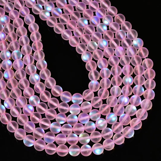 10mm Matte Pink Mermaid Aurora Crystal Glass Bead, Glitter Round Synthetic Moonstone Beads for Jewelry Making Bracelets