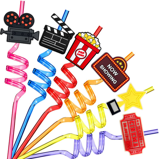 Suclain 24 Pack Movie Night Party Supplies Movie Night Drinking Straws PET Projector Popcorn Trophy Plastic Straws Red Carpet Party Favors Decorations(Stylish)