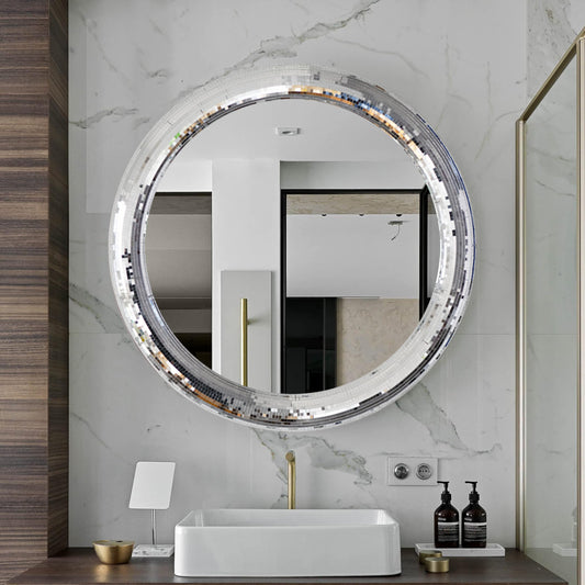 LuHeToz 23.6inch Round Decorative Wall Mirror with Mosaic Glass Frame, Silver Bathroom Vanity Mirror
