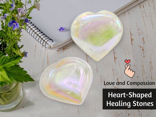 Amazing Gemstone Angel Aura Quartz Crystal Heart Palm Stone - Pocket Massage Worry Stone for Natural Body Chakra Balancing, Reiki Healing and Crystal Grid