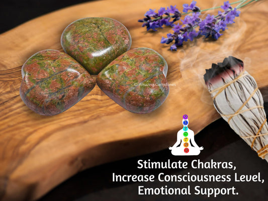 Amazing Gemstone Unakite Crystal Heart Palm Stone - Pocket Massage Worry Stone for Natural Body Chakra Balancing, Reiki Healing and Crystal Grid