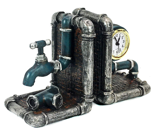 Bellaa 22852 Decorative Bookends Industrial Pipe Book Ends Bookshelves Steampunk Vintage Tap Clock Rustic Retro Farmhouse Home Office Desk Bookcases 2 pcs