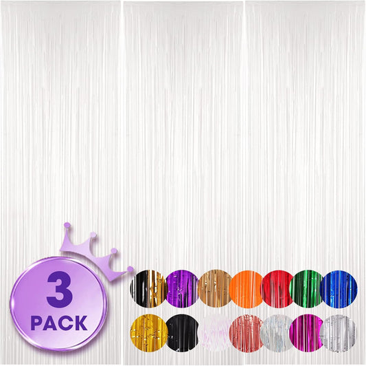 Voircoloria White Foil Fringe Backdrop Curtains - 3 Pack Tinsel Streamers for Parties & Events | 3.3x8.2 Feet