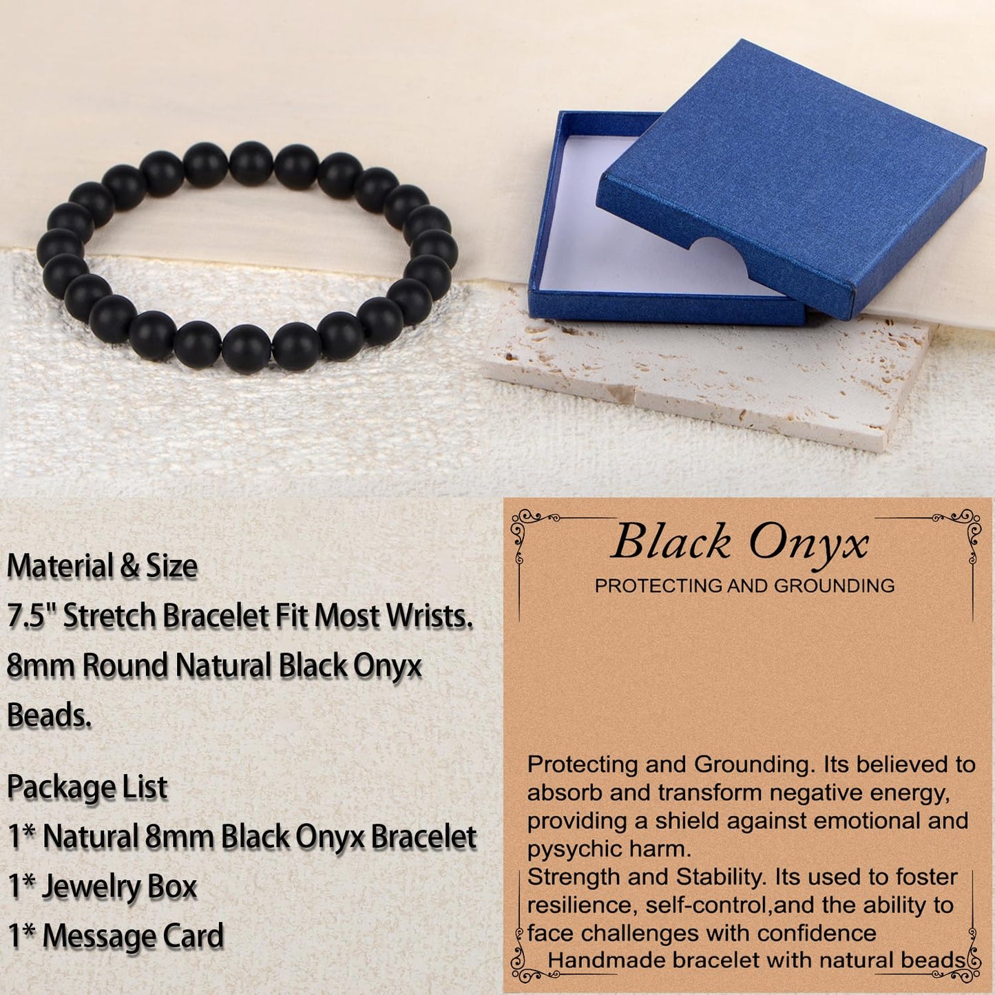 LPBeads Handmade Natural Gemstone Stretch Elastic 8mm Matte Black Onyx Bracelet Healing Crystal Round Stone Beads Jewelry Gifts for Women Men