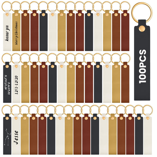 Wavyknot 100 Pcs PU Leather Keychain Blanks Bulk Laser Engraving Blanks Keychain Kit with Key Rings for DIY Key Chains Craft (5.6 x 0.8 Inches,Colorful)
