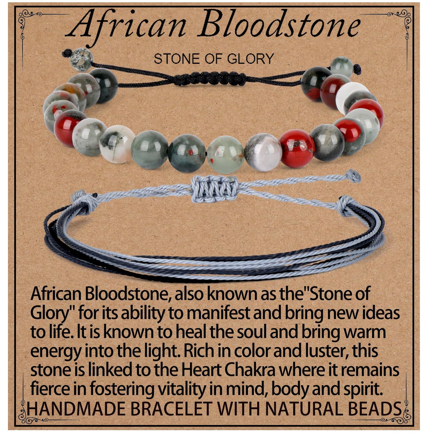 LPBeads 8mm African Bloodstone Bracelet with Handmade Rope Bracelet Size Adjustable Natural Stone Crystal Healing Bracelets Gifts for Unisex Adults
