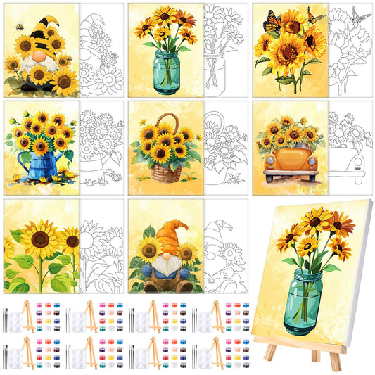 Humyoun 8 Sets 8" x 10" Sunflower Pre Drawn Canvas to Paint for Sip and Paint Party Sunflower Predrawn Coloring Set Pre Sketched Canvas Boards with Paints and Brushes for Adult