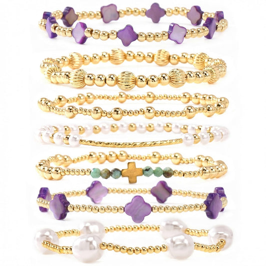 14K Gold Beaded Purple Clover Stackable Bracelets for Women,7PCS/Set Boho Cross Pearl Beads Stretch Bracelets Stack Fashion Holiday Birthday Prom Jewelry Accessories Gift Friendship Sister