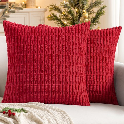 MIULEE Red Corduroy Decorative Pillow Covers - Soft Boho Striped 16x16 Inch for Modern Farmhouse Decor