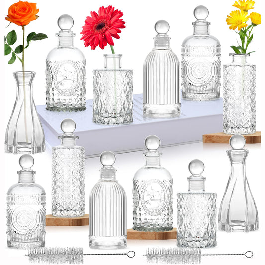 Glass Vase Bud Vase in Bulk Set of 12 with Stoppers Small Mini Vases for Flowers,Embossed Clear Flower Vase,Vintage Glass Bottle Great for Table Decor,Wedding Centerpiece Table