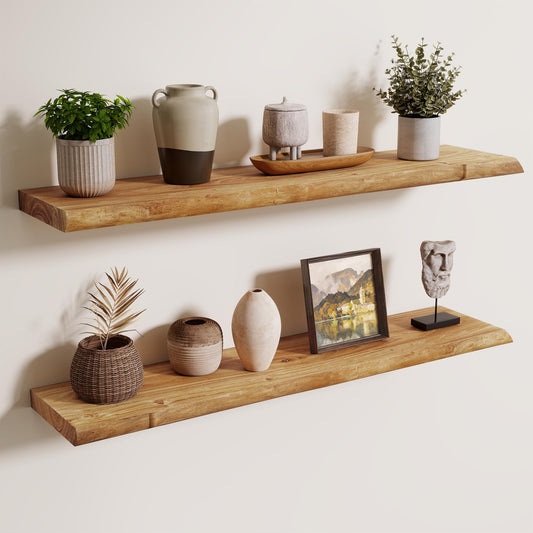 Axeman 36 inch Floating Shelves for Wall - 8'' D Live Edge Rustic Solid Elm Wood Floating Shelves Wall Mounted, Wall Shelves with Invisible Bracket for Living Room Bedroom Kitchen, Set of 2 Natural