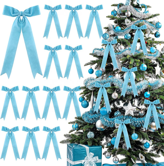Skiennix 12 Pcs Blue Velvet Bows - Vintage Rustic Large Ribbon Ornaments for Christmas Tree & Holiday Decor