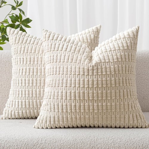 MIULEE Corduroy Throw Pillow Covers - Soft Boho Striped Design, 12x12 Inch | Modern Farmhouse Decor in Cream White