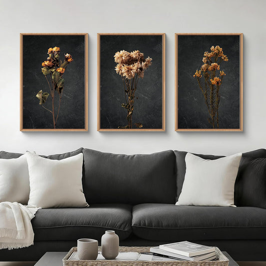 HOURIA Dark Moody Dried Floral Framed Canvas Wall Art Set,Vintage Mid Century Black Flower Wall Decor,Retro Boho Minimalist Wildflower Botanical Artwork for Living Room,Bedroom,Farmhouse- 16"x24"x3