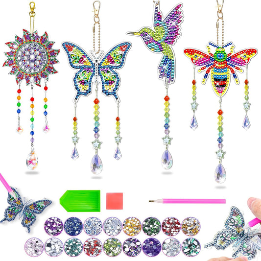 Arts and Crafts for Kids Ages 8-12, DIY Diamond Painting Kits Birthday Gifts for 6 7 8 9 10 11 12 Year Old Girls Boys, Butterfly, Sun Hummingbird, Suncatcher, Wind Chimes for Home Garden Decor