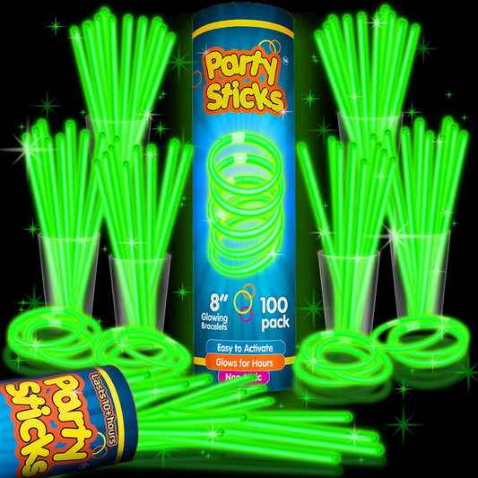 PartySticks Green Glow Sticks - 100 Pack of 8-Inch Glow in the Dark Light-Up Party Accessories