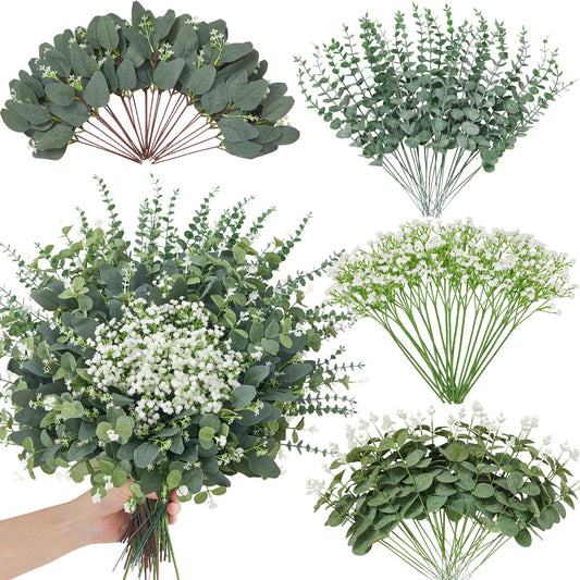 Faylifeway 120 Pcs 4 Kinds Mixed Eucalyptus Greenery Stems, Baby Breath Flowers Artificial Bulk and Greenery Stems for DIY Bouquets Wedding Home Floral Decor