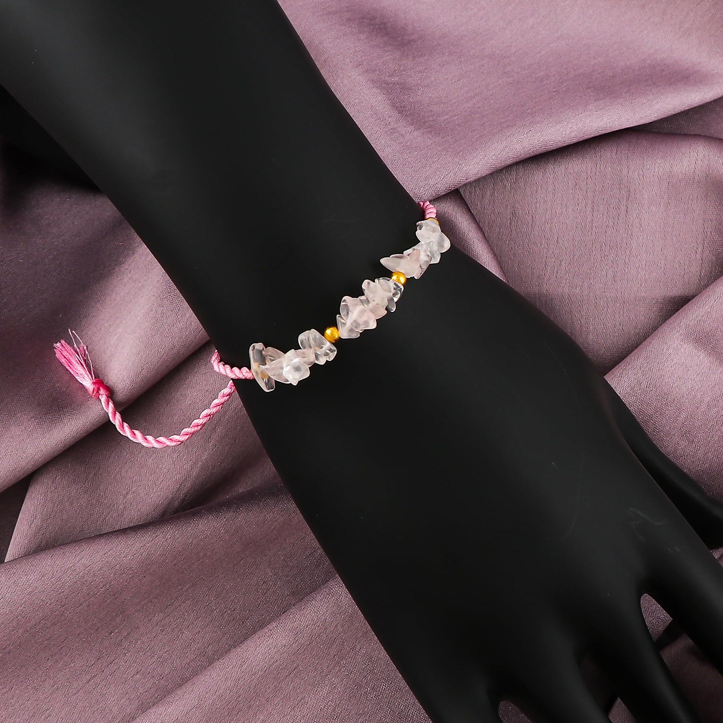 GEMSYMPHONY Rose Quartz Gemstone Chips Rope Bracelet – Adjustable Handmade Crystal Chip Bead Bracelet for Women & Men, Natural Stone Healing Jewelry, Boho Style, Unisex Spiritual Gift (Rose Quartz)