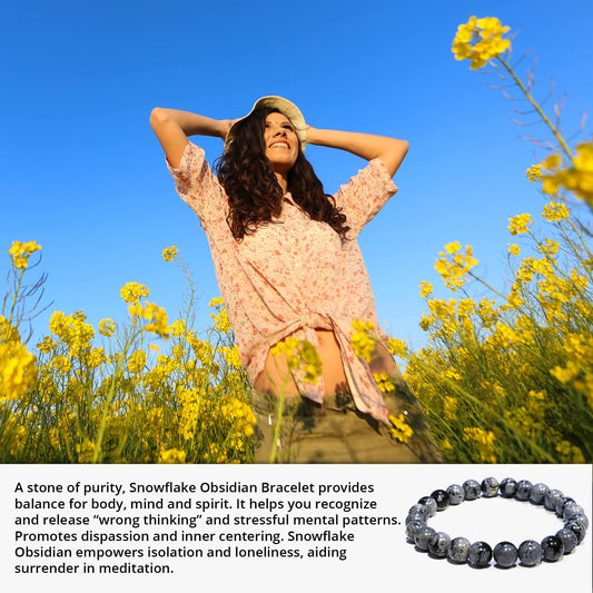 ANAYA AGATE Natural Snowflake Obsidian Bracelet, Healing Crystal Bracelet for Women and Men, 8mm Round Beaded Bracelet for Spiritual, Protection, Positive Energy, Elastic Adjustable Size Gemstone Bead Bracelet