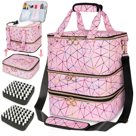 MZTXY Nail Polish Organizer Bag Holds 84 Bottles & Nail Lamp, 3 Layers Nail Kit Storage Carrying Case Pu Leather, Large Nail Supplies Organizer With Shoulder Strap, Portable Travel Nail Bag,Pink