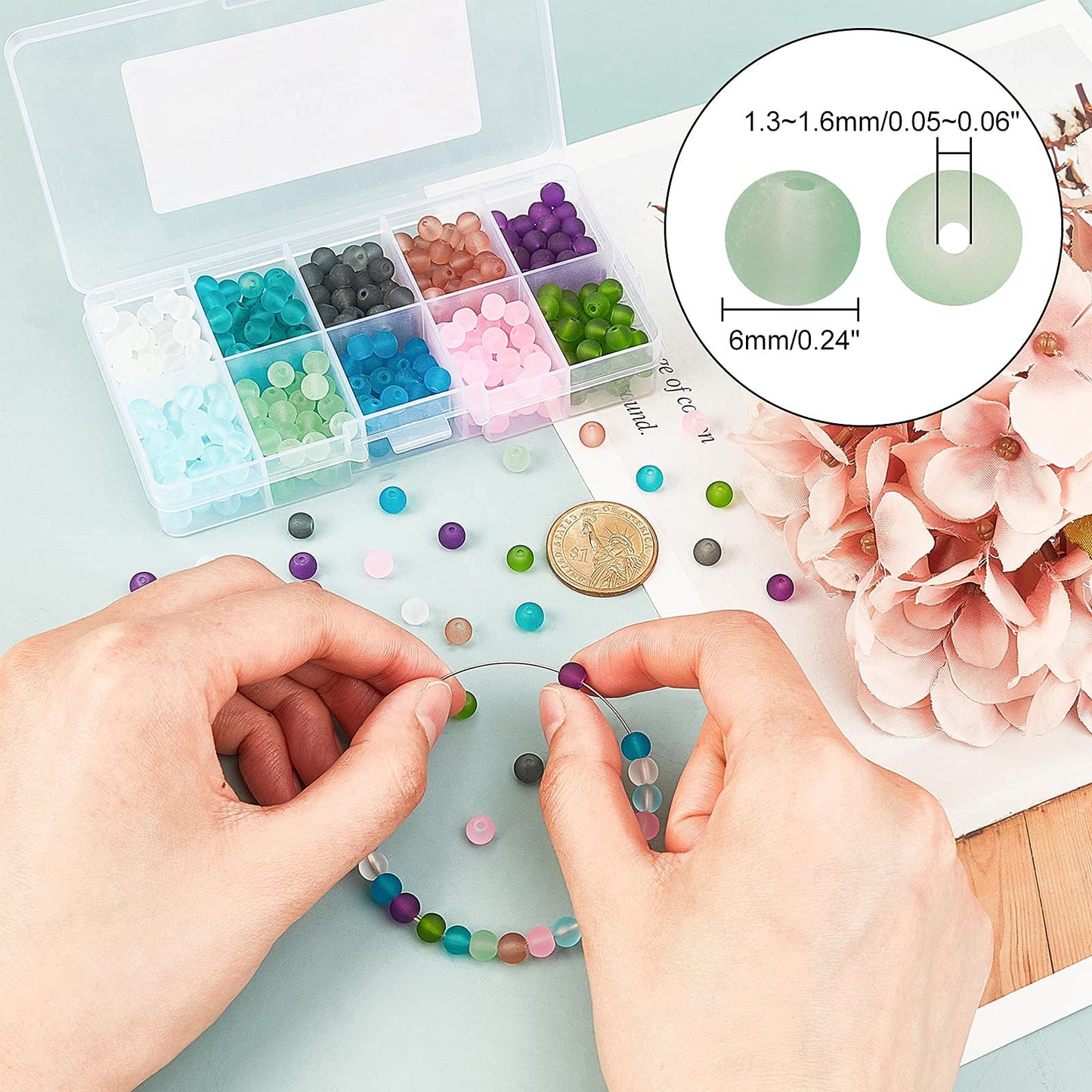 PH PandaHall 500pcs 6mm Frosted Glass Bead 10 Color Transparent Frosted Crystal Beads Matte Loose Spacer Beads for Necklace, Bracelet, Earring Jewelry Making