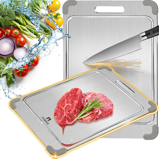 ZYBIDEAL 100% Pure Titanium Cutting Board with Grooves, Update Double Side Titanium Chopping Board, Silicone Anti-slip Stainless Cutting Boards for Kitchen 9 * 13 IN, Orange