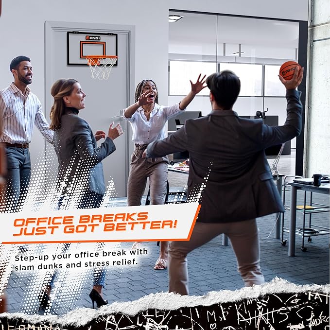 AND1 Over the Door Mini Basketball Hoop: 18x12 Shatterproof Backboard, 2 Mini Basketballs, and Hand Pump Included- Ultimate Indoor Basketball Accessory for Kids and Adults, No Tools Required