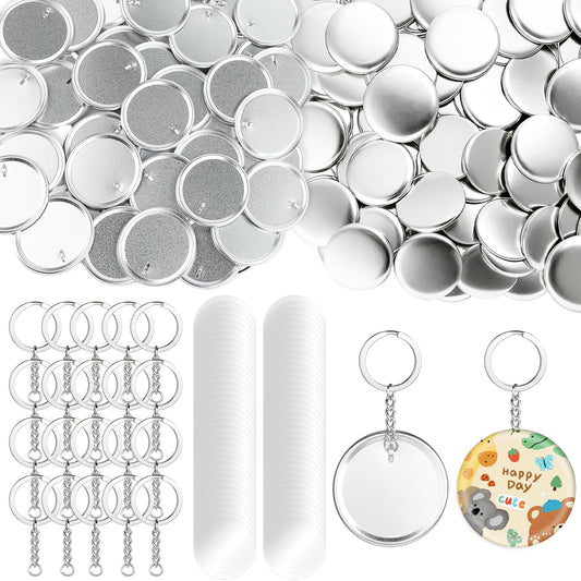 100 Pcs 58mm/2.25 Inch Button Maker Keychain Supplies, Round Metal Keychain Making Set for Button Maker Machine, Blank Button Badges Including Metal Shell Cover, Plastic Film, Chain and Ring for DIY