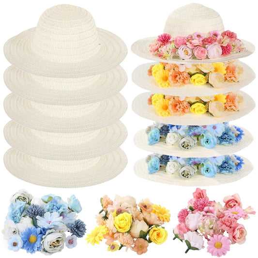 OMISTAR 70 Pcs DIY Straw Hat Kit, Tea Party Hats, Paintable Blank Sun Hats with 60 Assorted Faux Flowers, Party Craft Kit for Camping, Picnic, Beach Trip, Dress Up Party