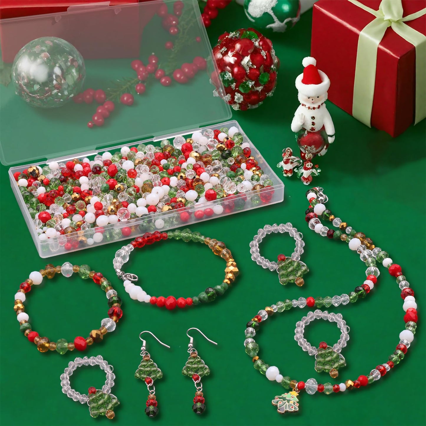 KINGSHINE 1000pcs Christmas Glass Beads for Jewelry Making Briolette Rondelle Beads Assorted Crystal Beads Loose Spacer Bead for DIY Crafts Bracelets Necklaces Earrings and Christmas Decorations