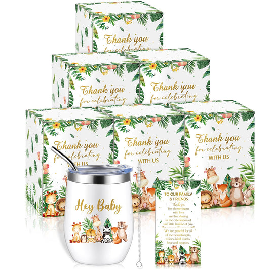 Hoolerry 6 Set Baby Shower Game Prizes for Guests Winners 12 oz Insulated Stainless Steel Tumbler Cup with Lids, Straws, Cleaning Brush, Cards & Boxes Return Gifts(Green,Safari Animals)
