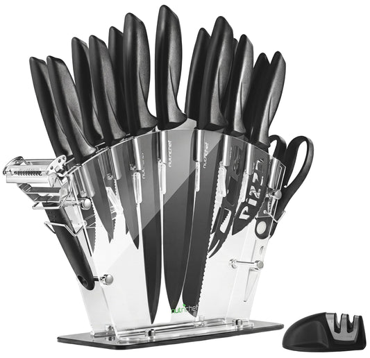 NutriChef 17-Piece Kitchen Knife Block Set - Stainless Steel Precision Crafted Knives w/Acrylic Block Stand - Includes 6 Steak & 7 Multi-Use Knives, Sharpener, Scissors, & Vegetable Peeler (Black)
