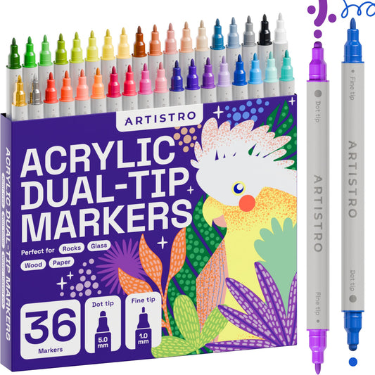 ARTISTRO 36 Precision Dual-Tip Acrylic Paint Markers – Paint Pens Set with Dot & Fine Tips for Fabric, Rock, Glass, Wood, Coloring Books – Classroom & Art Supplies Gift – Teacher Appreciation Gift