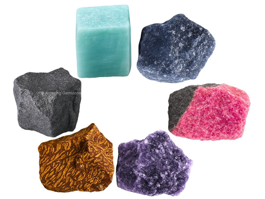 Amazing Gemstone Crystals for Quit Alcohol Manifestation, Set of 6 Amazonite, Blue Aventurine, Hematite, Rhodonite, Mariyam Jasper and Lepidolite Healing Crystals and Stones